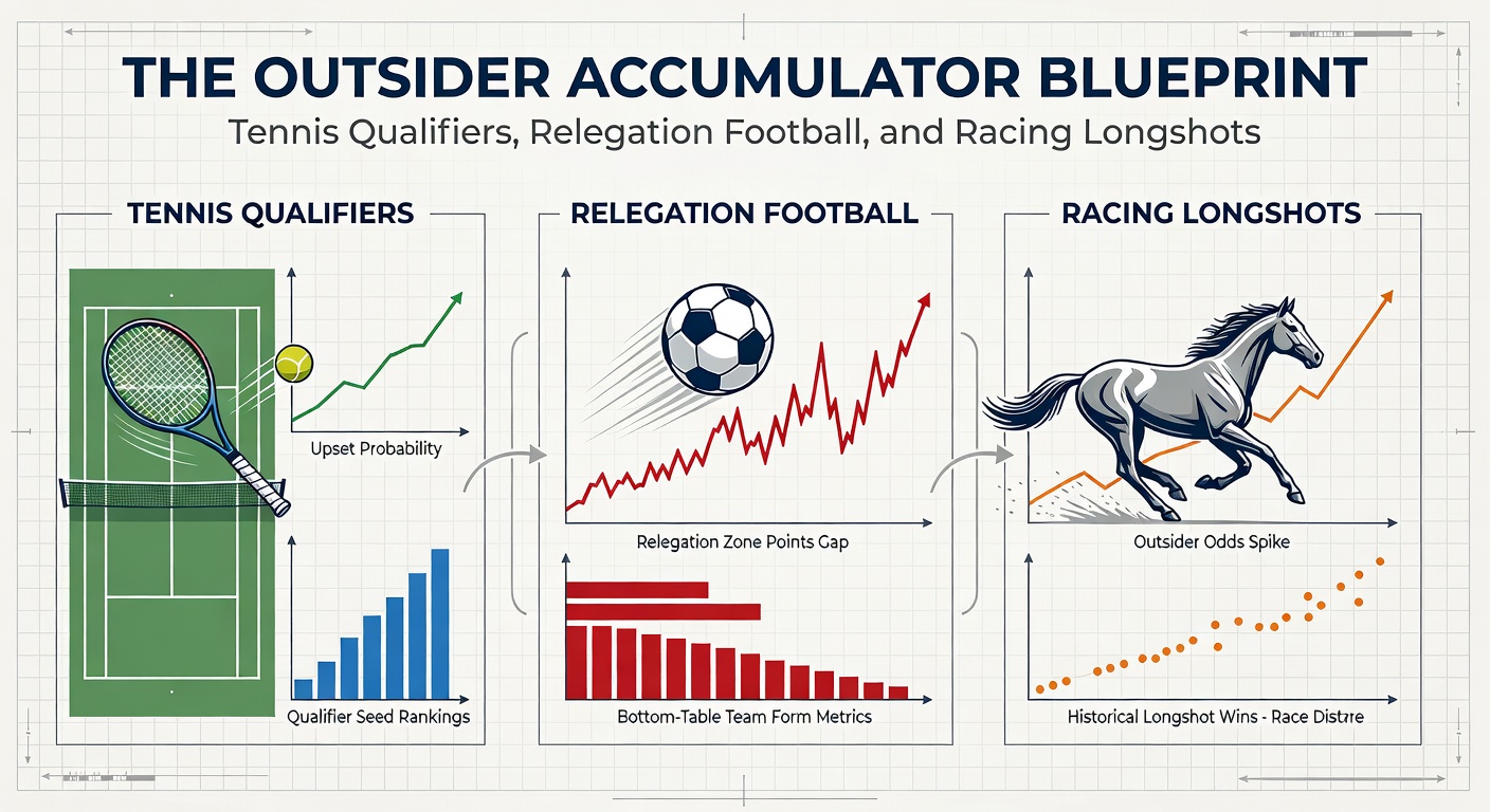 Tennis player in qualifiers serving intensely while football fans cheer relegation match and a longshot horse races ahead in the distance