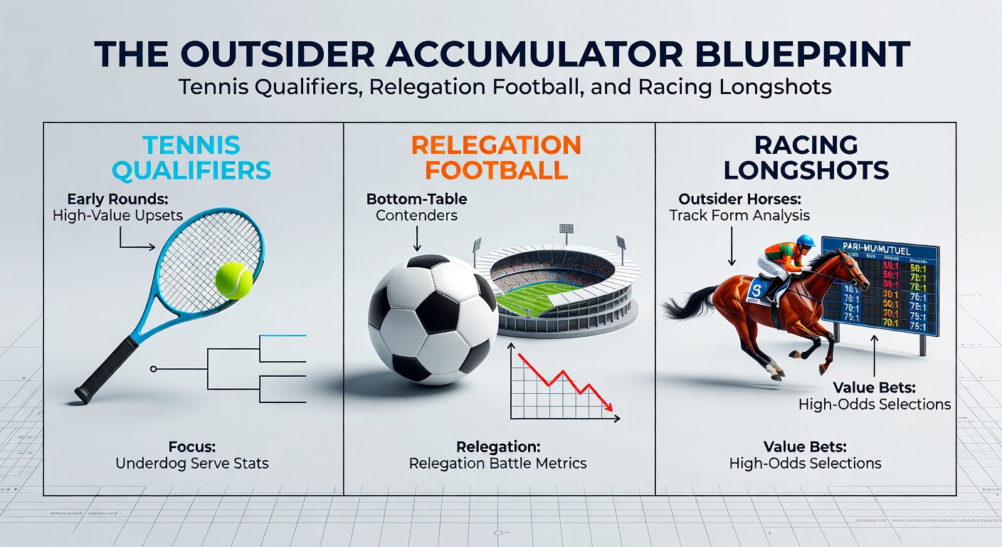 Collage of a tennis qualifier celebrating victory, a relegation football team huddling pre-kickoff, and a racing longshot surging late in a tight finish