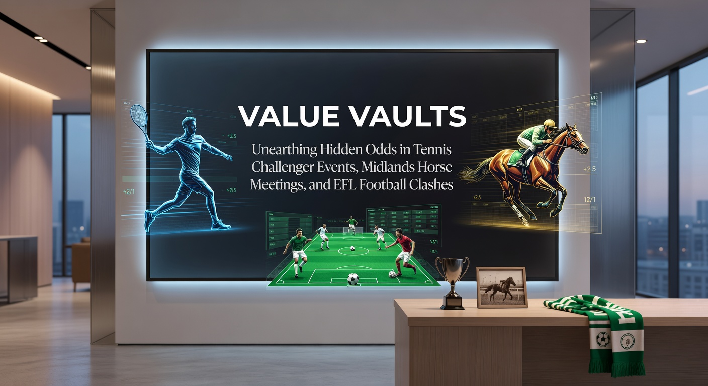 Tennis player serving on a challenger court with horse racing track and football pitch in the background, symbolizing cross-sport value hunting