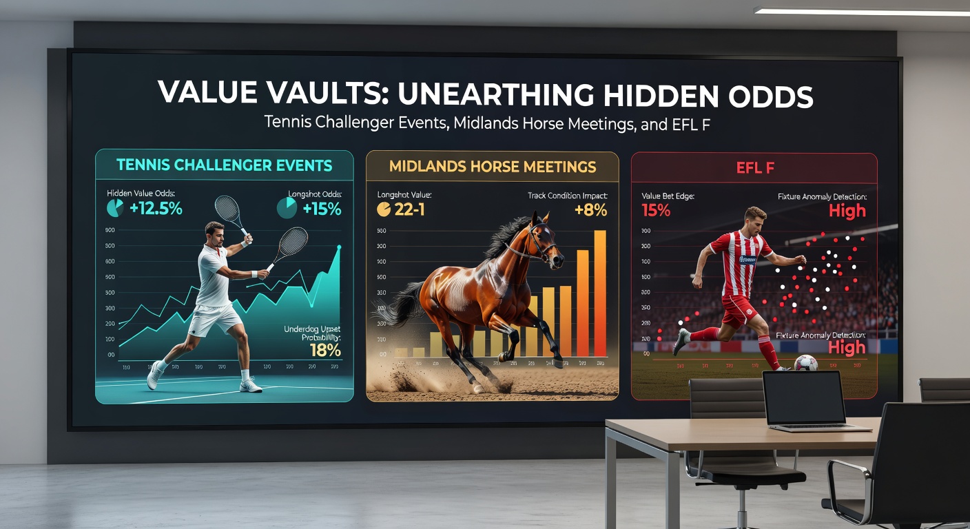 Close-up of a horse racing at a Midlands track, overlaid with tennis challenger scoreboard and EFL match highlights, highlighting value intersections
