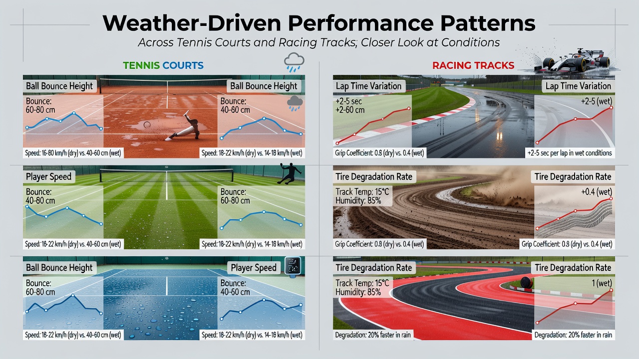 Racing track surface conditions changing under shifting weather patterns with visible moisture distribution