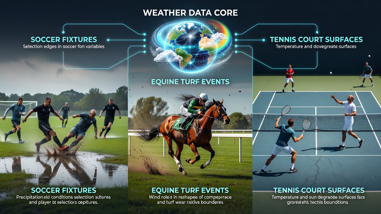 Weather patterns affecting soccer pitches, horse racing turf tracks, and tennis courts across different surfaces