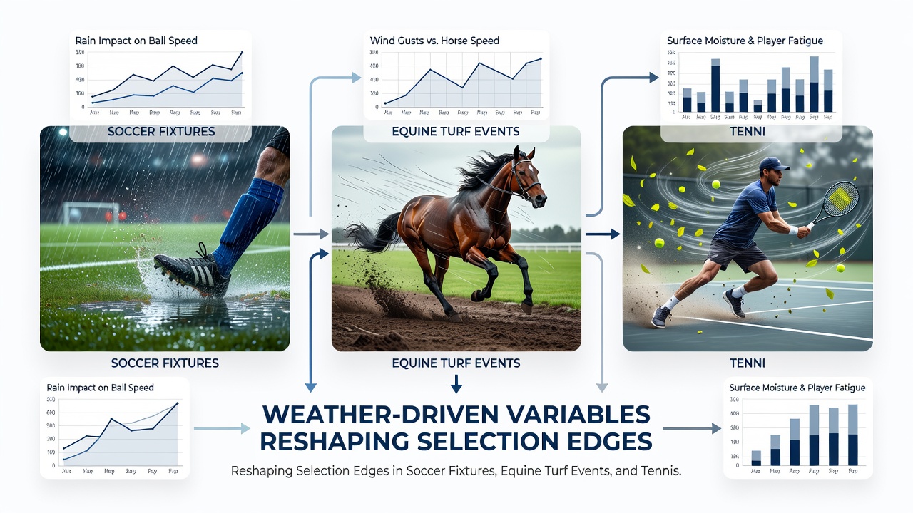 Turf track conditions and tennis court surfaces influenced by changing weather variables