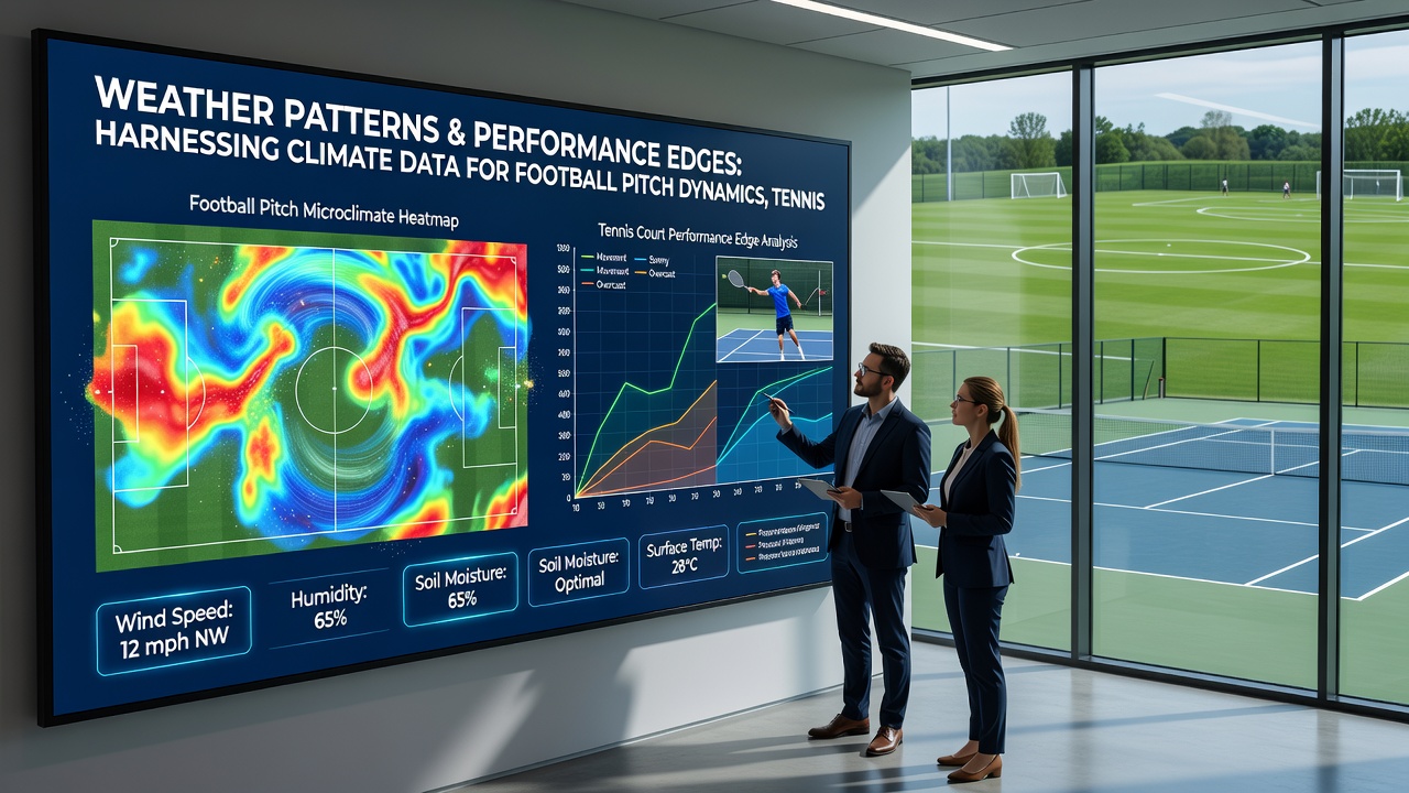 Data dashboard displaying temperature, humidity, and precipitation overlays on football, tennis, and racing venue maps