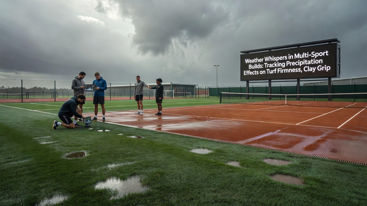 Close-up of raindrops on clay tennis court surface next to a football pitch sideline and racecourse rail