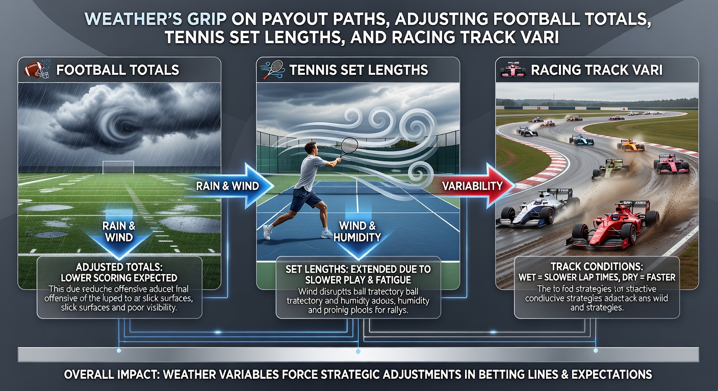 Satellite weather data overlays applied to tennis courts and racing tracks for set length and variant adjustments